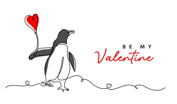Be my Valentine minimal vector greeting card design with penguin and red heart balloon. One continuous line art drawing, background, banner, poster for Valentines day celebration — Vettoriale Stock