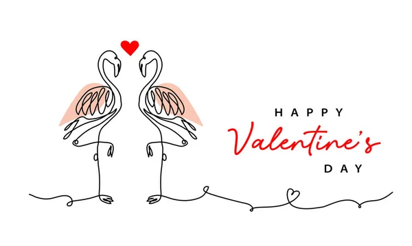 Valentines day vector card with couple of flamingos. One continuous line art drawing of love for background, banner, poster for Valentine s day celebration — Vettoriale Stock