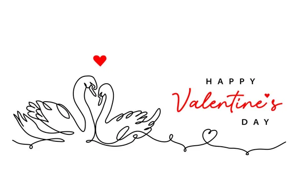 Valentines day vector card with couple of swans. One continuous line art drawing of love for background, banner, poster with two swans — Vettoriale Stock