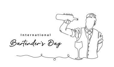 Bartenders Day simple vector illustration. Barman or barista job minimal background, banner, poster. One continuous line art drawing for international bartenders day celebration