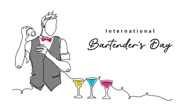 Bartenders Day simple vector illustration. Barman or barista job minimal background, banner, poster. One continuous line art drawing for international bartenders day celebration — Vetor de Stock