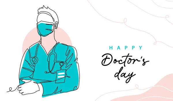 Doctors day simple vector illustration of physician, therapist man in mask and doctor coat. One continuous line art drawing background, banner, poster for Doctors day celebration — 图库矢量图片