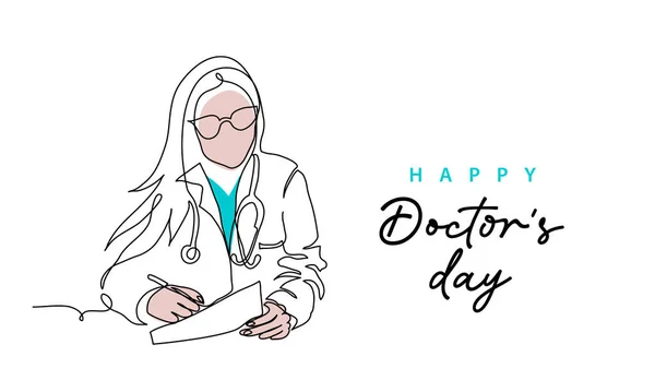 Doctors day simple vector illustration of physician, therapist woman in doctor coat. One continuous line art drawing background, banner, poster for Doctors day celebration — 图库矢量图片