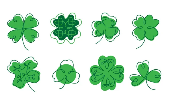 Kleeblatt-Vektorsymbole gesetzt. Das Zeichen des Glücks und des Glücks für die Feier des irischen St. Patricks Day. Eine durchgehende Linienzeichnung des Kleeblattsymbols — Stockvektor