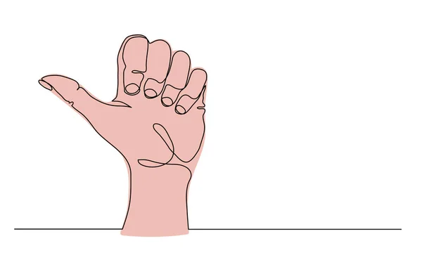 Gesto de la mano, apuntando hacia atrás pulgar. Una línea continua dibujo vector ilustración del brazo que muestra la dirección trasera — Archivo Imágenes Vectoriales