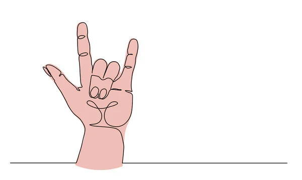 Mano gesto, frescura y símbolo o signo de roca. Una línea continua dibujo vector ilustración de gesto fresco brazo — Archivo Imágenes Vectoriales