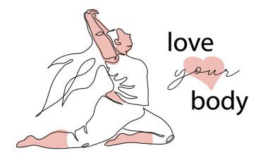 Vücudunu, vücudunu, pozitif vektör posterini, afişini, geçmişini seviyorum. Tombul, tombul, şişman, obez kadın ya da kız çizgi sanatçısı. Yoga pozu vermiş şişman, kilolu bir kadının sürekli çizdiği bir sanat eseri.