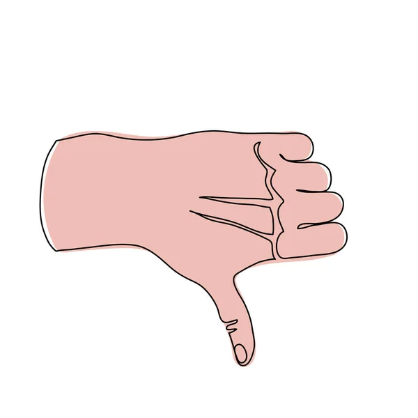 Pulgar hacia abajo, no me gusta. Un gesto de mano. Una línea continua dibujo vector ilustración del brazo con aversión — Archivo Imágenes Vectoriales