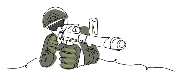 Soldado apontando com uma ilustração vetorial de rifle. Atirador com uma arma nas mãos. Um militar armado. Uma linha contínua arte desenho fundo, banner, cartaz do soldado — Vetor de Stock