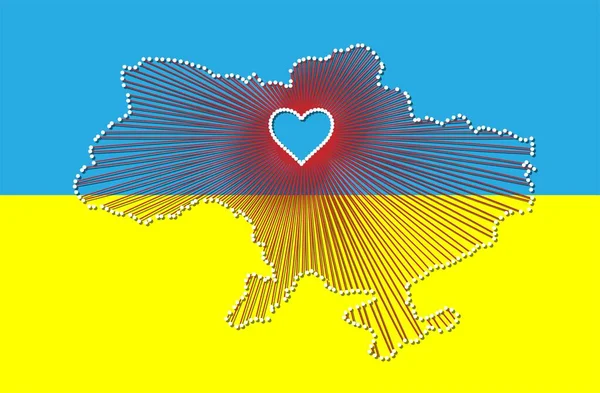 Ukraine Kunstkarte mit Herz. Vektorillustration der Landkarte und der ukrainischen Flagge. Nein zum Krieg. An der Seite der Ukraine stehen, den Ukrainern helfen — Stockvektor