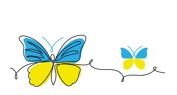 Butterfly vector line illustration. One line art drawing of butterfly with colors of ukrainian flag blue and yellow — Stock Vector