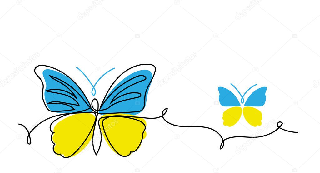 Butterfly vector line illustration. One line art drawing of butterfly with colors of ukrainian flag blue and yellow