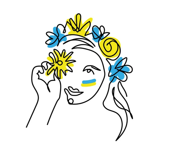 乌克兰女孩面容线条艺术画与花环和乌克兰国旗在脸颊上 用花环描述女童头部的现代连续直线矢量 — 图库矢量图片