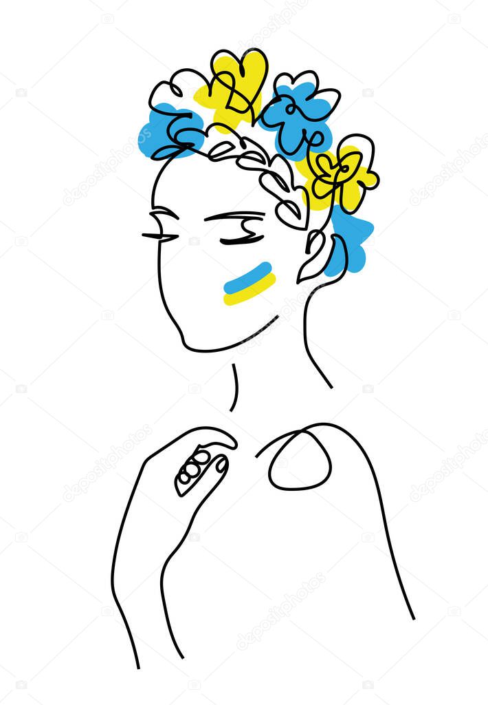 Ukraine woman face line art drawing with flower wreath and ukrainian flag on a cheek. Modern continuous line vector illustration of woman head with wreath.