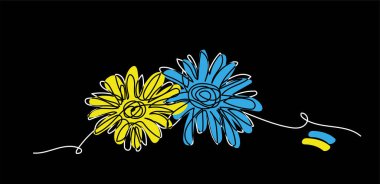 Siyah arka planda papatya çiçeği vektör illüstrasyonu. Ukrayna mavisi ve sarı renkleri. Ukrayna bayrağıyla aralıksız bir çizgi çizimi.