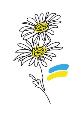 Ukrayna mavisi ve sarı renklerinde papatya çiçeği vektör illüstrasyonu. Ukrayna bayrağıyla aralıksız bir çizgi çizimi.