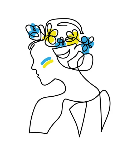头戴花 后面的女人 一条连续的线条画 乌克兰国旗 头状花序中的蓝色和黄色花 — 图库矢量图片