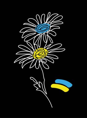 Siyah arka planda papatya çiçeği vektör illüstrasyonu. Ukrayna mavisi ve sarı renkleri. Ukrayna bayrağıyla aralıksız bir çizgi çizimi.