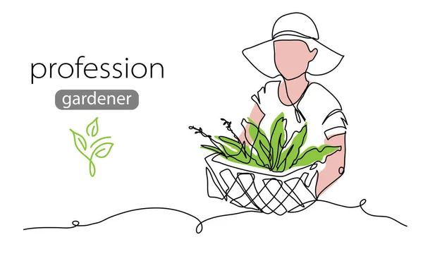 Girl Holds Greenery Box Vector Background Banner Poster One Continuous — Vector de stock