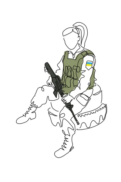 Soldier Girl Weapon Bulletproof Vest Rests Tires Vector Illustration One — 图库矢量图片