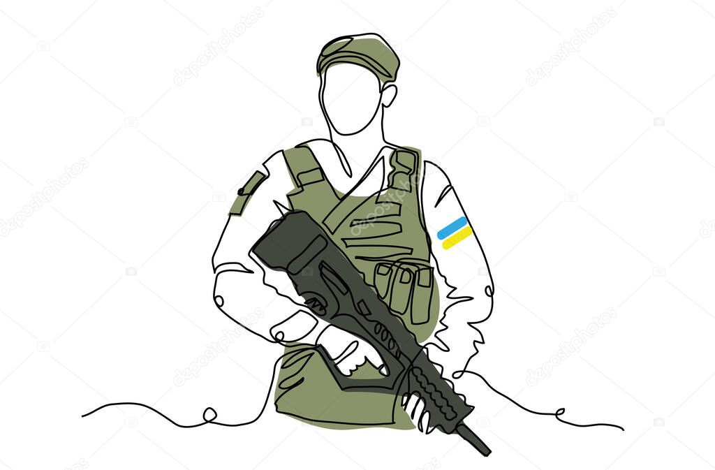 Soldier with gun. Vector illustration. One continuous line art drawing background, banner, poster of soldier in bulletproof vest.