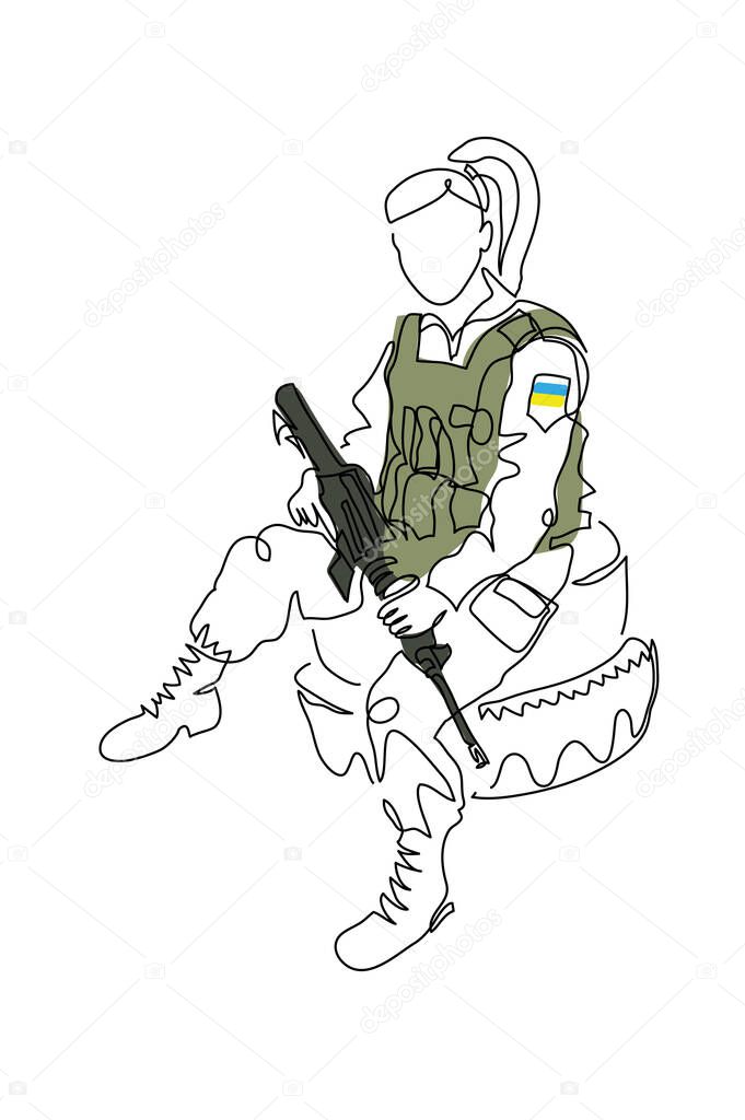 Soldier girl with weapon and bulletproof vest rests on tires. Vector illustration. One continuous line art drawing of soldier girl.