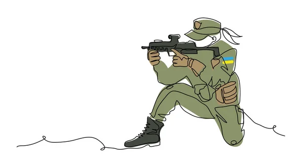 Ukrainian Soldier Girl Weapon Vector Illustration One Continuous Line Art - Stok Vektor