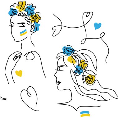 Head in flowers vector pattern. One continuous line art drawing. Blue and yellow flowers in head.Ukrainian flag. Woman face.