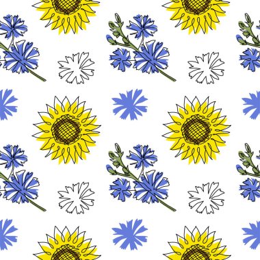 Blue and yellow ua vector pattern with flowers. One continuous line art drawing pattern with sunflower and chicory.