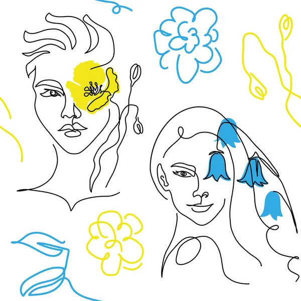 Blue Yellow Vector Pattern Woman Face Flower Instead Eye One — Wektor stockowy