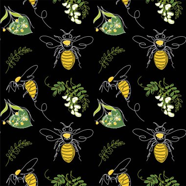 Bee floral vector pattern on black background.