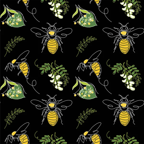 Bee floral vector pattern on black background.