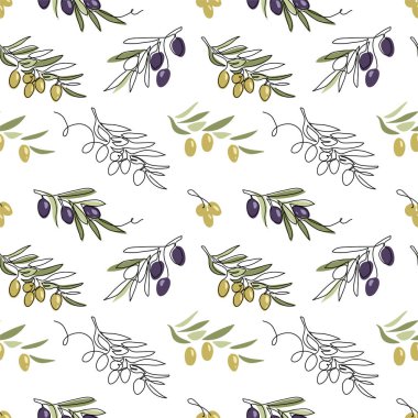 Oliva vector seamless pattern. Green and black olive tree branches on white background. One continuous line art drawing olives pattern.