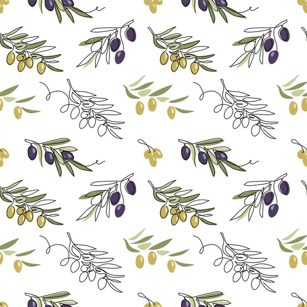 Oliva vector seamless pattern. Green and black olive tree branches on white background. One continuous line art drawing olives pattern.