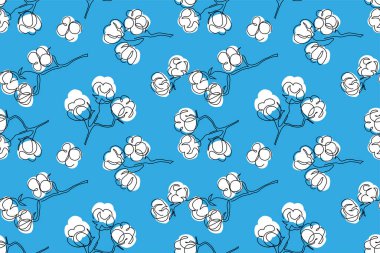 Cotton blossom flowers vector pattern, endless texture. White flowers on blue background. One continuous line art drawing of cotton.