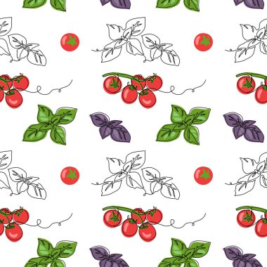 Tomatoes and basil leaves vector pattern. One continuous line art drawing for background,fabric, textile, wallpaper, print, wrapping paper, texture.