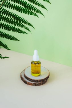 Ağaç üzerinde serum şişesi yeşil ve eğreltiotu yaprağı ile nötr arka plan üzerinde duruyor. Yüz için doğal kozmetik ürünleri, modelle. Seçici odak
