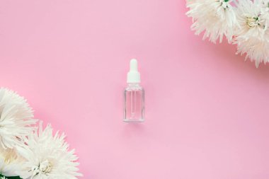 Pembe arka planda kozmetik serumlu cam şişe ve kasımpatı çiçekleri. Güzellik, kozmetik konsepti uydur. Üst görünüm, düz görünüm, kopyalama alanı.