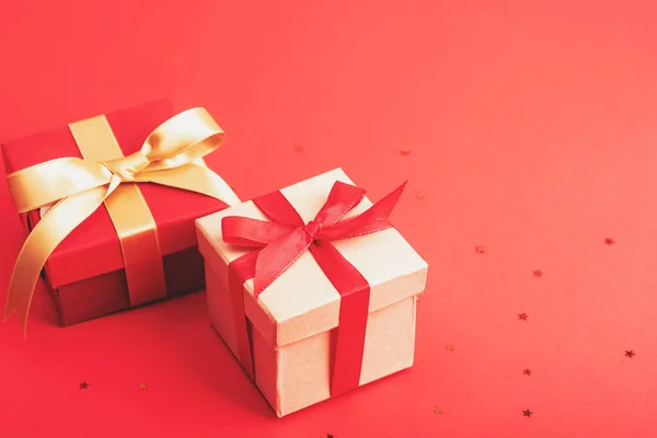 Two Gifts Boxes Red Background Top View New Year Christmas — Stok fotoğraf