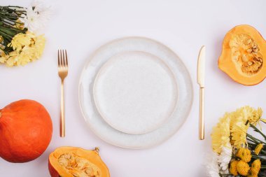 Şık masa düzenleme, sarı yıldız çiçeği, balkabağı ve beyaz masa tabağı. Üst manzara, düz uzanma.