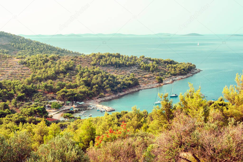 Beautiful view of the sea bay with islands. Murter, Croatia.