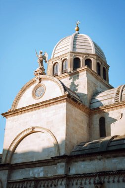 Particulars of The Cathedral of St. James against blue sky. Sibenik, Croatia.
