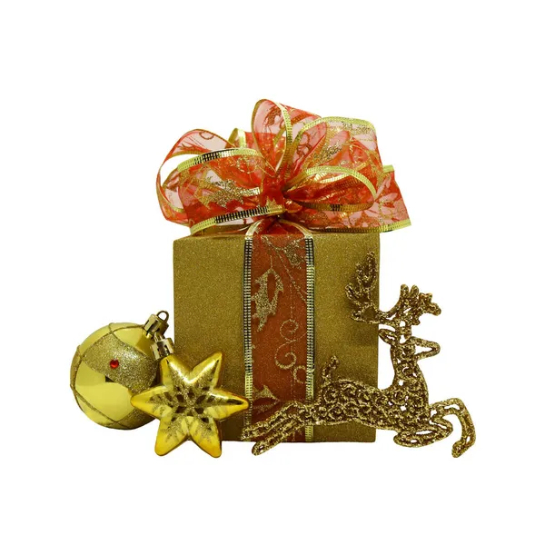 Neujahrsgeschenk Einer Goldenen Schachtel Mit Roter Schleife Neujahrsgeschenke 2022 Weihnachtsdekoration — Stockfoto
