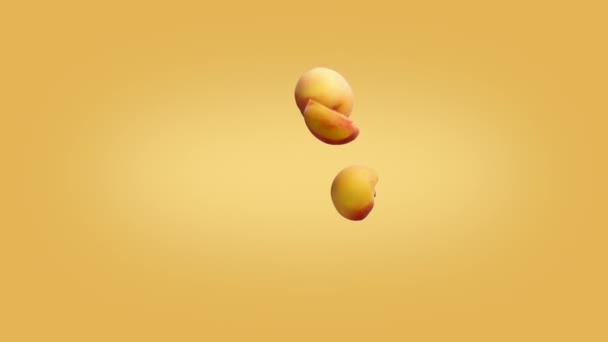 Fliegende geschnittene Pfirsichfruchtsegmente isoliert auf dem Hintergrund — Stockvideo