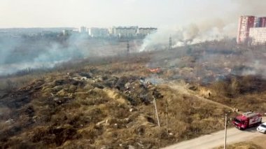 Şehrin yakınındaki bir yangından sonra ormanda yanmış tarlalar ve dumanlar.