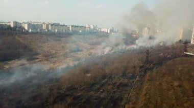 Orman ve arazi yangını. Kuru çimen yanıkları, doğal afet. Hava görüntüsü. Boş bir arazide güçlü ateş, yanan bir yerden güçlü duman. Alçak irtifada ateşin üzerinden uçuyor..