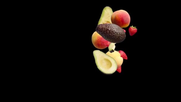 Melocotón, aguacate y frutas de fresa caen sobre un fondo negro — Vídeos de Stock