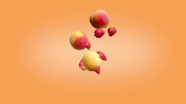 Персики и половинки клубники падают на цветной фон. — стоковое видео