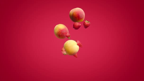 Peaches and halves of strawberries falling on a red background. — Stock Video