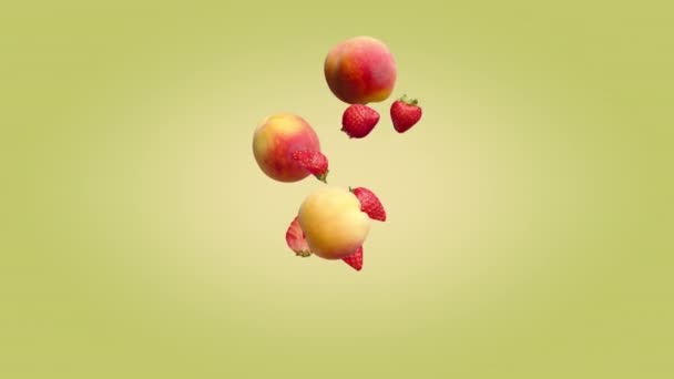 Peaches and halves of strawberries falling on a Yellow Green background. — Stock Video